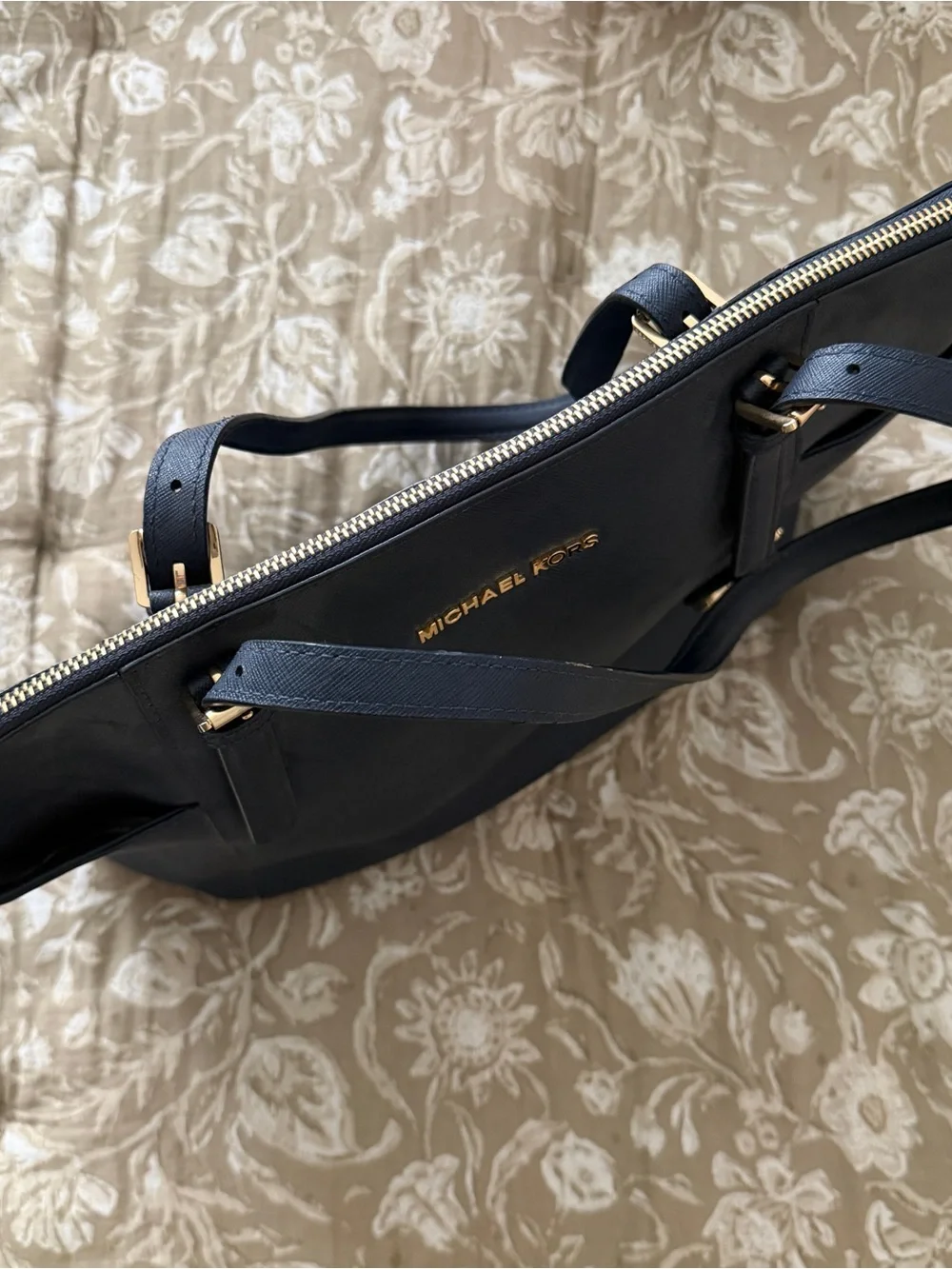 Michael Kors Dark Blue Leather Tote with Gold Accent Charm